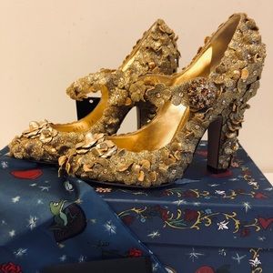 Dolce Gabbana Gold Glitter Floral Crystal Pumps 8